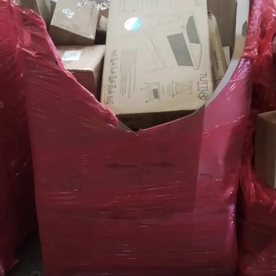 PALLET CONTAINING VARIOUS ASSORTED BOXED HOUSEHOLD ITEMS TO INCLUDE: BEDSIDE CRIB, CAMPING TENT, CONVECTOR HEATER, TRASH BIN, PLAYMAT, BABYS ACTIVITY CUBE AND LOTS MORE UNMARKED BOXED ITEMS 