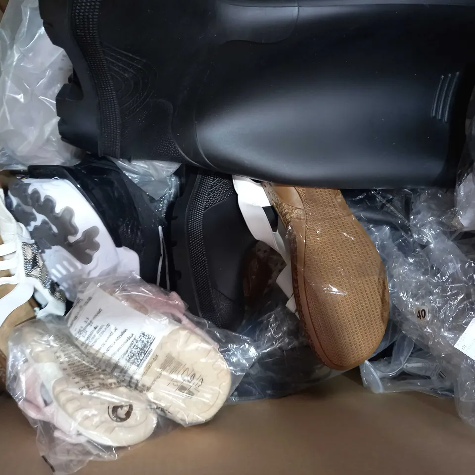 BOX OF APPROXIMATELY 20 ASSORTED FOOTWEAR ITEMS TO INCLUDE CROCS DAISY PRINT SANDALS IN BLACK SIZE UNSPECIFIED, DESIGNER TRAINERS IN THE STYLE OF NIKE IN PINK UK SIZE 4, M&S FAUX LEATHER SANDALS IN BL