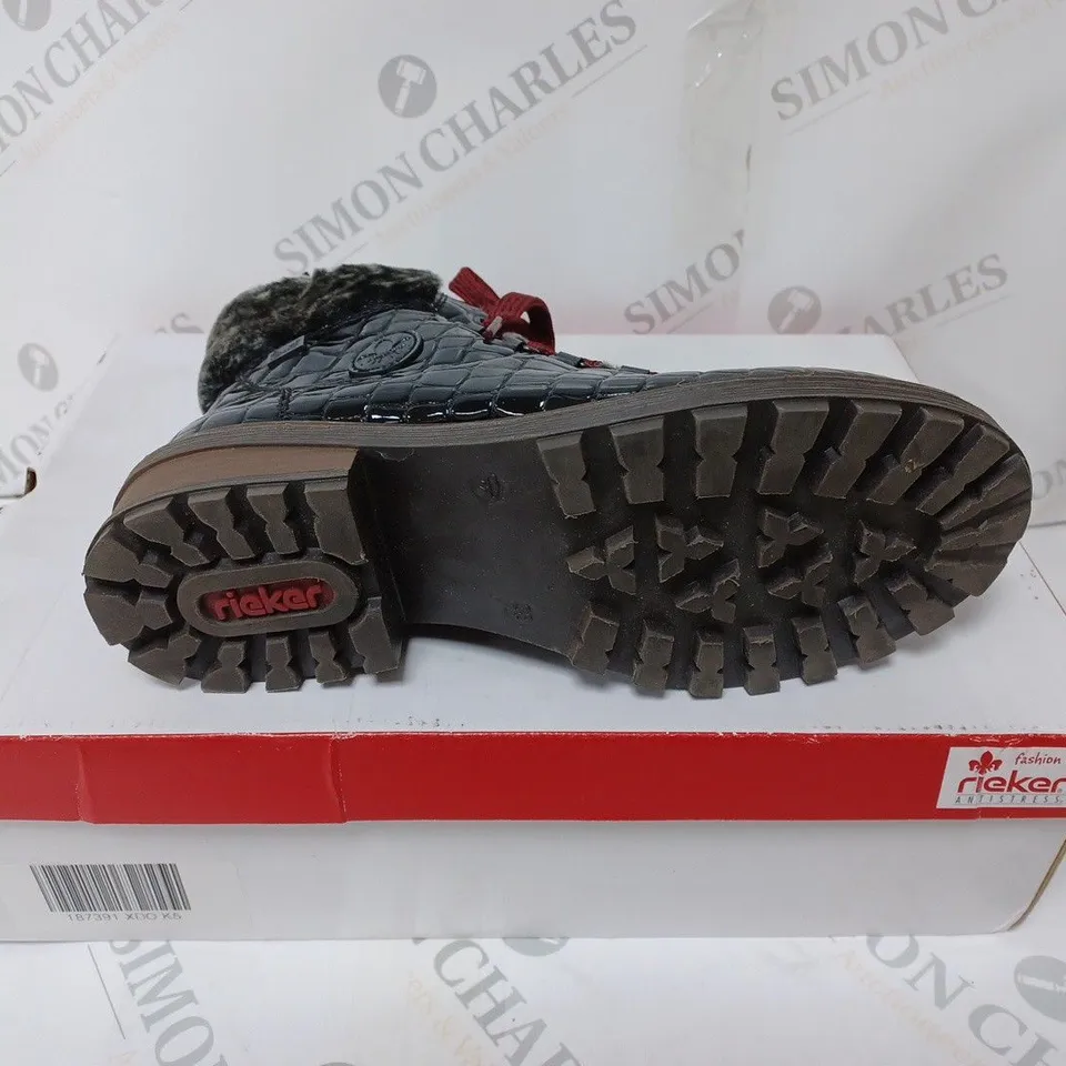 BOXED PAIR OF RIEKER CROCODILE FINISH HIKING BOOTS IN BLACK - SIZE 5