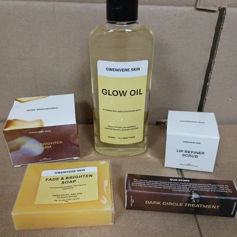 5 ASSORTED GWENIVERE SKIN PRODUCTS TO INCLUDE GLOW OIL, LIP SCRUB, SOAP, ETC 