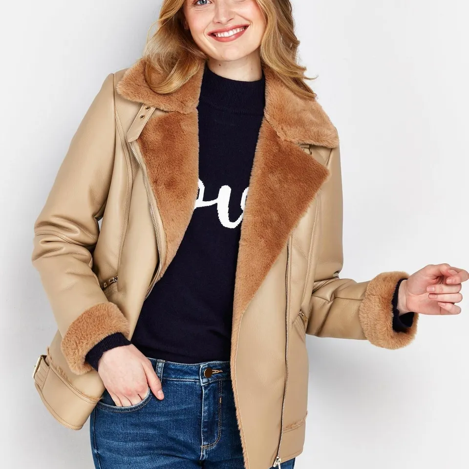 WALLIS FAUX SHEARLING PU BIKER JACKET - NEUTRAL RRP £65
