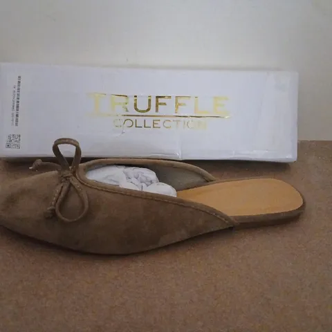 TRUFFLE COLLECTION TAUPE SUEDE SLIP-ON MULE – UK 5 (STYLE 11359)