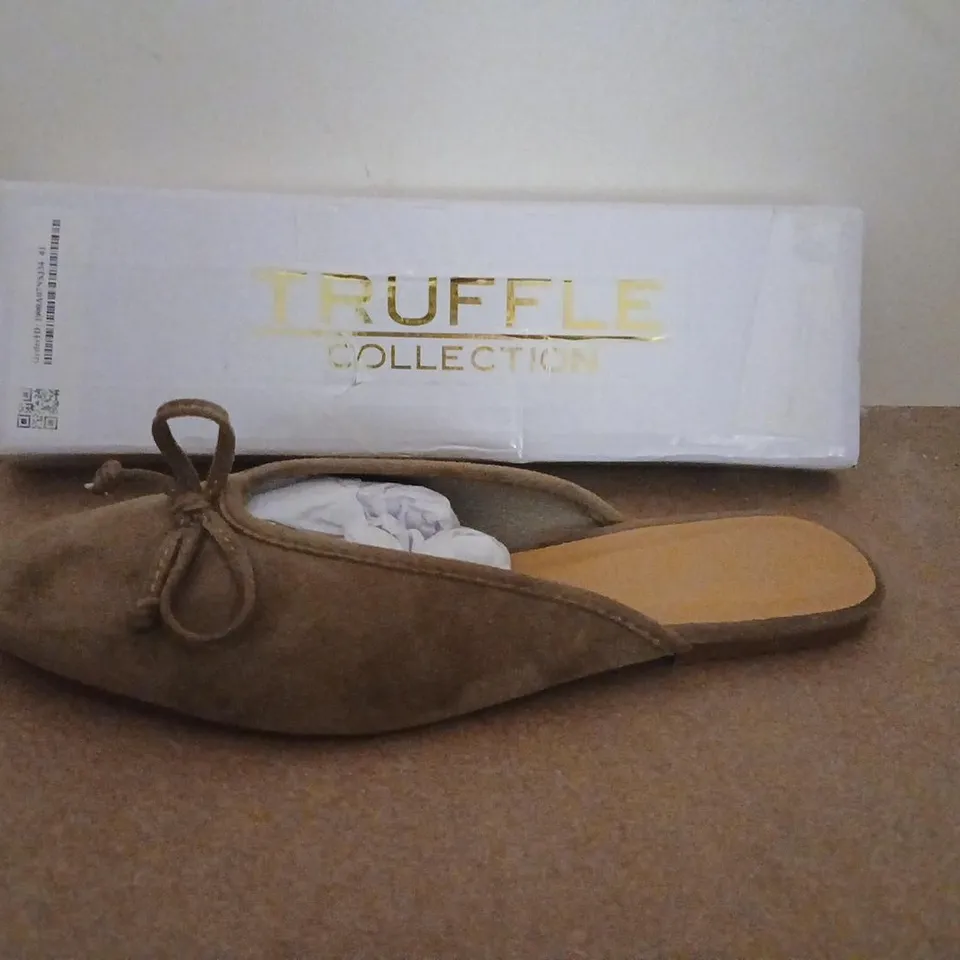 TRUFFLE COLLECTION TAUPE SUEDE SLIP-ON MULE – UK 5 (STYLE 11359)