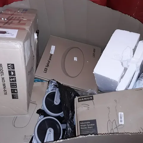 UNPROCESSED PALLET OF ASSORTED ITEMS TO INCLUDE BOXED WEIGHT BENCH, ADJUSTABLE HEIGHT SPEAKER STANDS AND LED SPIRAL PANEL