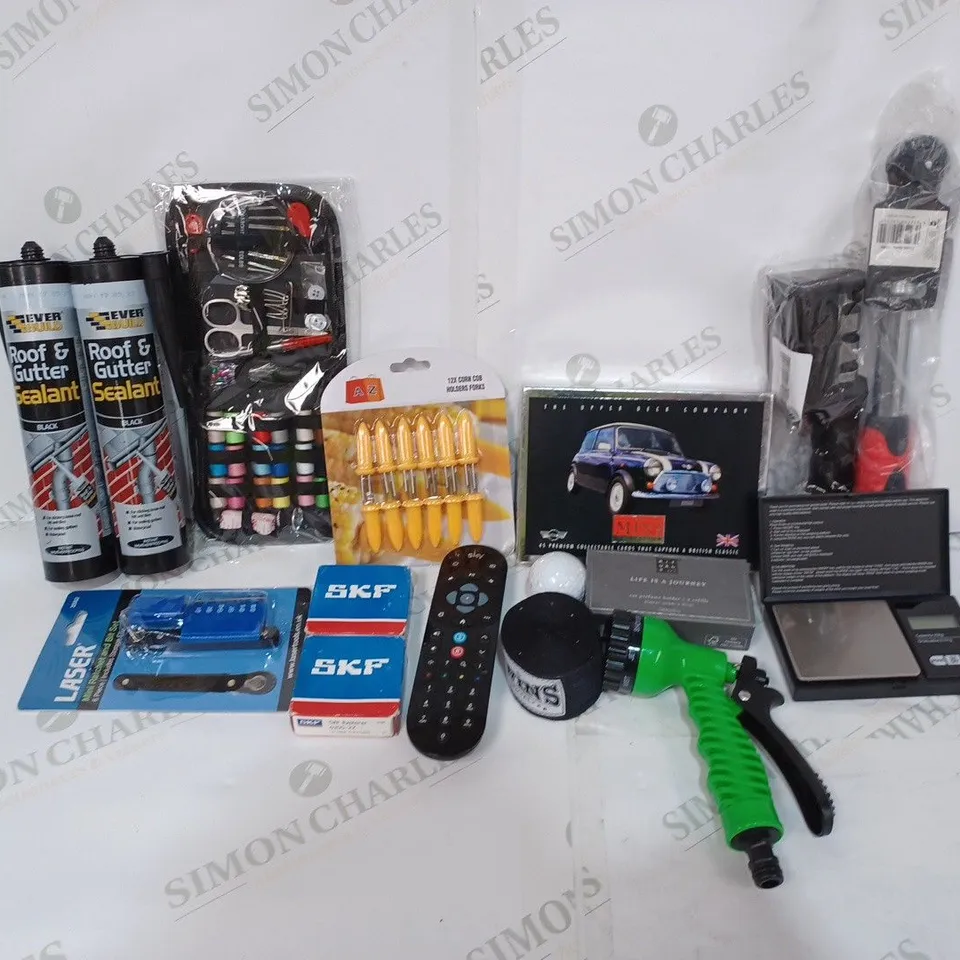 BOX TO CONTAIN APPROX. 25 X ASSORTED HOUSEHOLD PRODUCTS. INCLUDES ROOF & GUTTER SEALANT, SKY REMOTE, GARDEN HOSE SPRAY NOZZLE, CRAFT MATERIAL ETC 