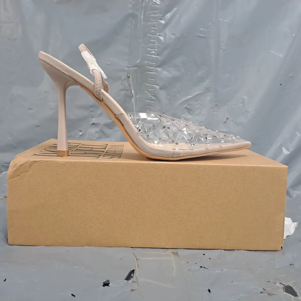 BOXED PAIR OF WHERE'S THAT FROM POINTED TOE HEELED SHOES IN CLEAR SIZE UK 8