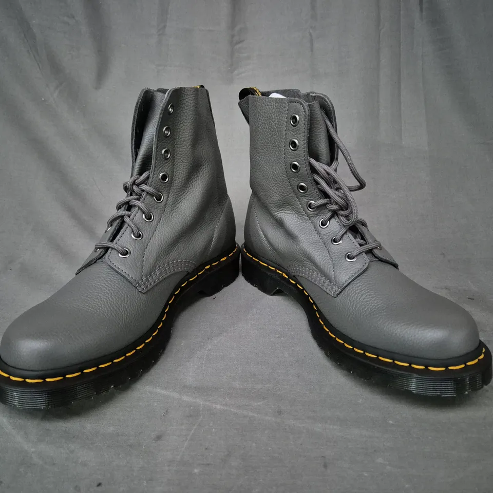 BOXED PAIR OF DR MARTENS 1460 PASCAL ANKLE BOOTS IN GUNMETAL UK SIZE 8