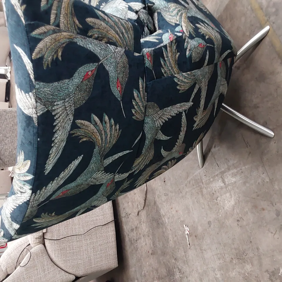 QUALITY BRITISH DESIGNER G PLAN JACOB SWIVEL CHAIR & FOOTSTOOL NAVY PARADISE BIRD FABRIC