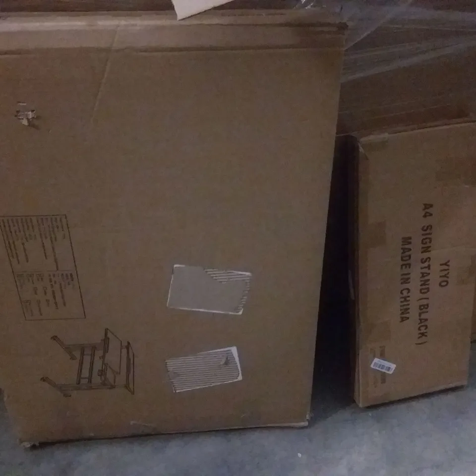 PALLET OF ASSORTED ITEMS INCLUDING ADJUSTABLE SURFACE DESK, YIYO A4 SIGN STAND BLACK, YONISEE OFFICE CHAIR, BAMBOO BATHTUB CADDY, FLOATING SHELF 