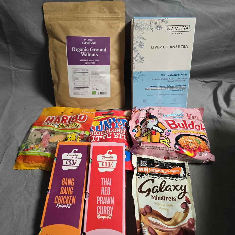 APPROXIMATELY 10 ASSORTED FOOD/DRINK PRODUCTS TO INCLUDE GROUND WALNUTS, BULDAK RAMEN, LIVER CLEANSE TEA ETC 