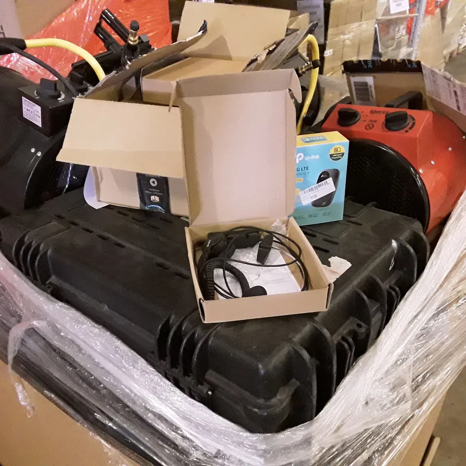 PALLET OF ASSORTED TECH INCLUDING FAN HEATER, PORTABLE INDUCTION LOOP KIT, DRUM HEATER, HEADSET & TELEPHONE, 4G LTE MOBILE WI-FI