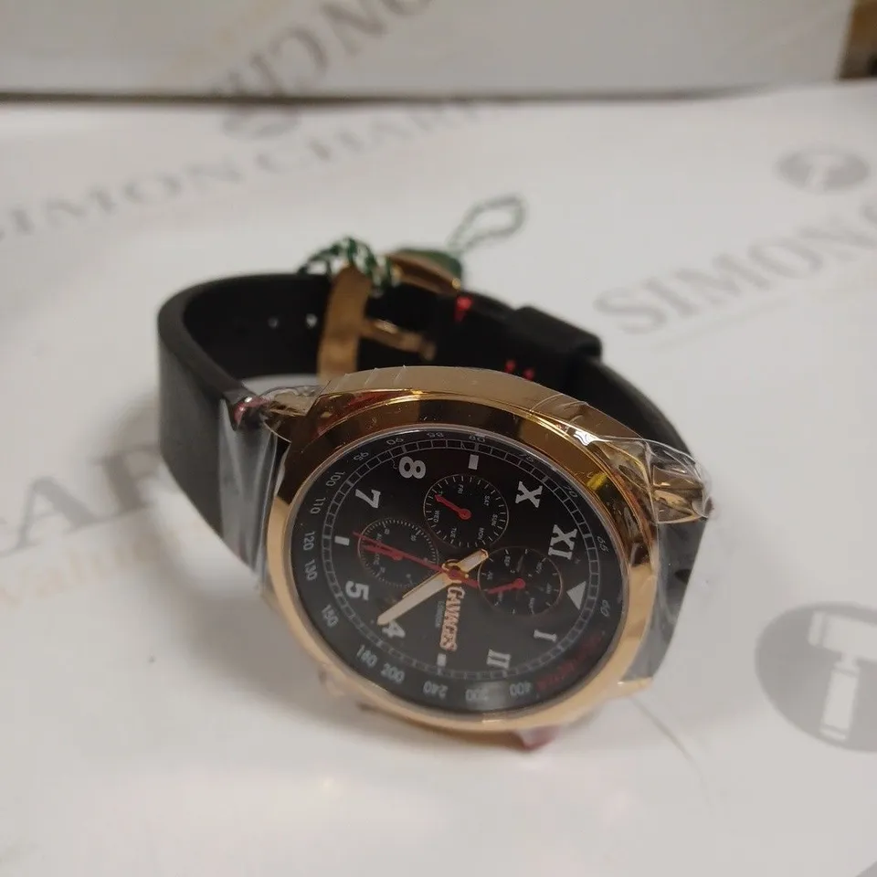 BOXED GAMAGES LONDON APEX ROSE GOLD BLACK DIAL CHRONOGRAPH MOVEMENT WATCH 