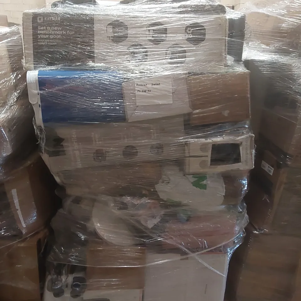 PALLET OF ASSORTED E-COMMERCE GOODS AND PRODUCTS TO INCLUDE: AIRFRYER, SUITCASES, FANS, KAYMAN WEIGHT BENCH ECT