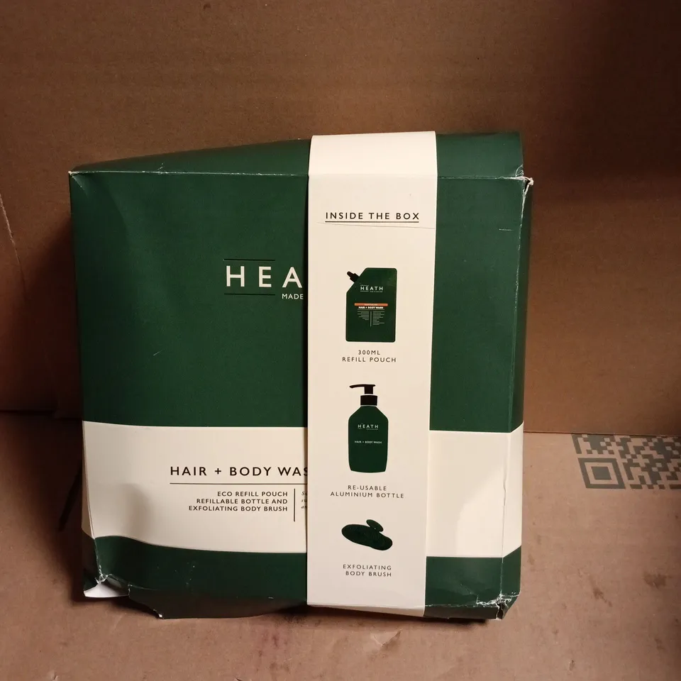 HEATH HAIR & BODY WASH SET – 300ML REFILL POUCH, REUSABLE ALUMINIUM BOTTLE & EXFOLIATING BODY BRUSH 