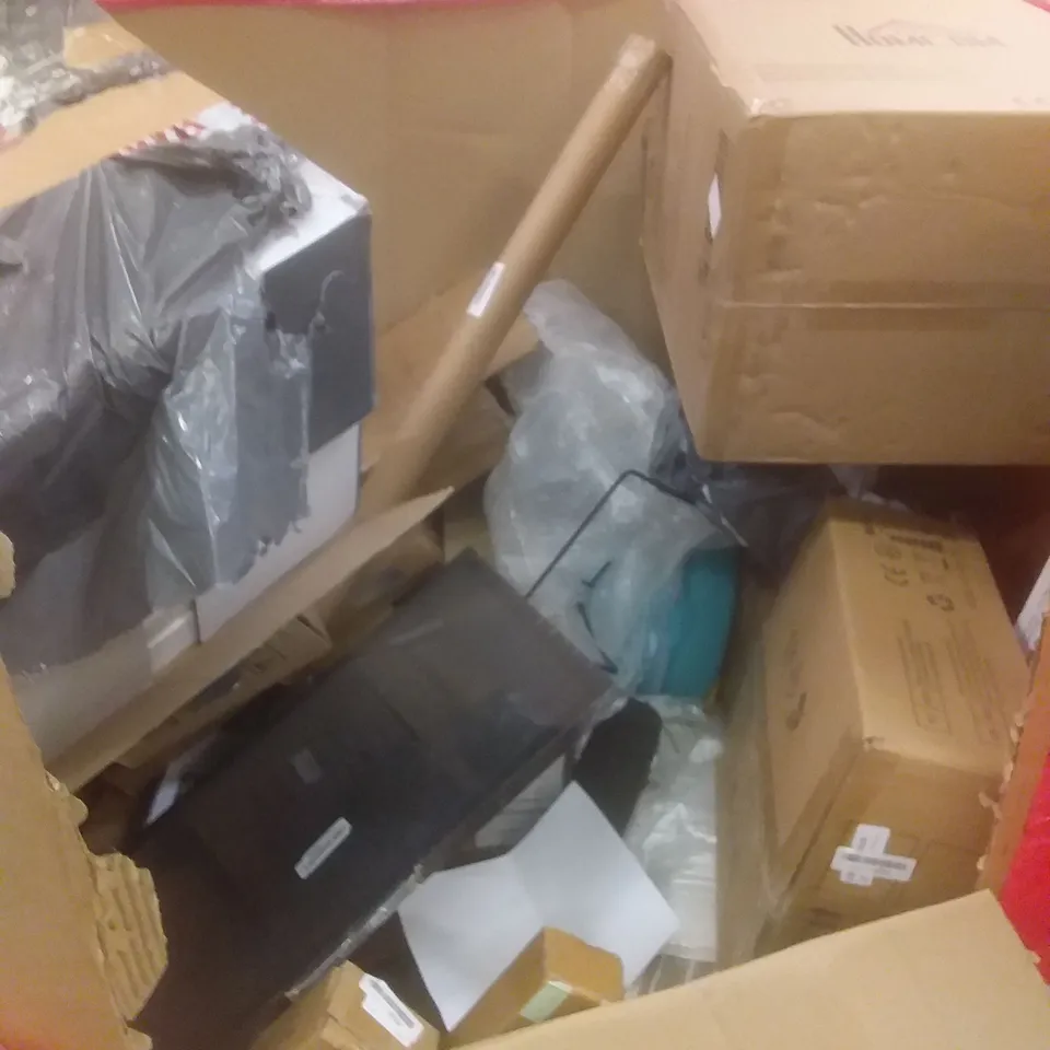 PALLET OF ASSORTED HOUSEHOLD PRODUCTS AND ITEMS, INCLUDING; TURNTABLE SYSTEM, TOILET SEAT, FOOT SPA, ELECTRIC FIREPLACE HEATER, BOXED FURNITURE ETC 