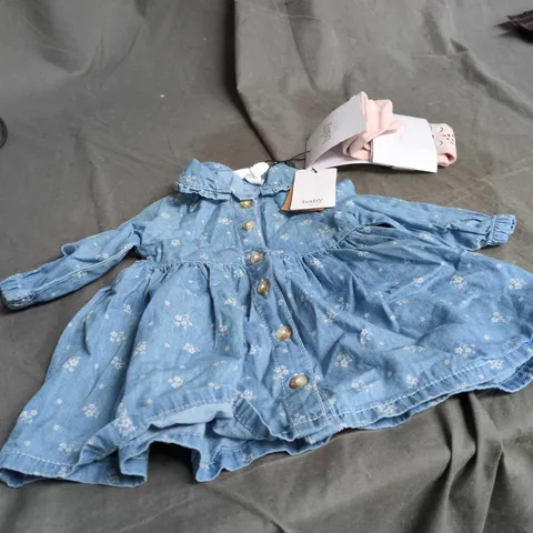 BABY M&CO DENIM DRESS, 0-3 MONTHS + COTTON RICH TIGHTS (PINK), 0-3 MONTHS