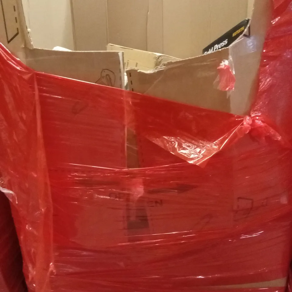 PALLET OF ASSORTED HOUSEHOLD GOODS AND PRODUCTS TO INCLUDE;PRAM,COLD PRESS JUICER,HARDER REEL HOSE