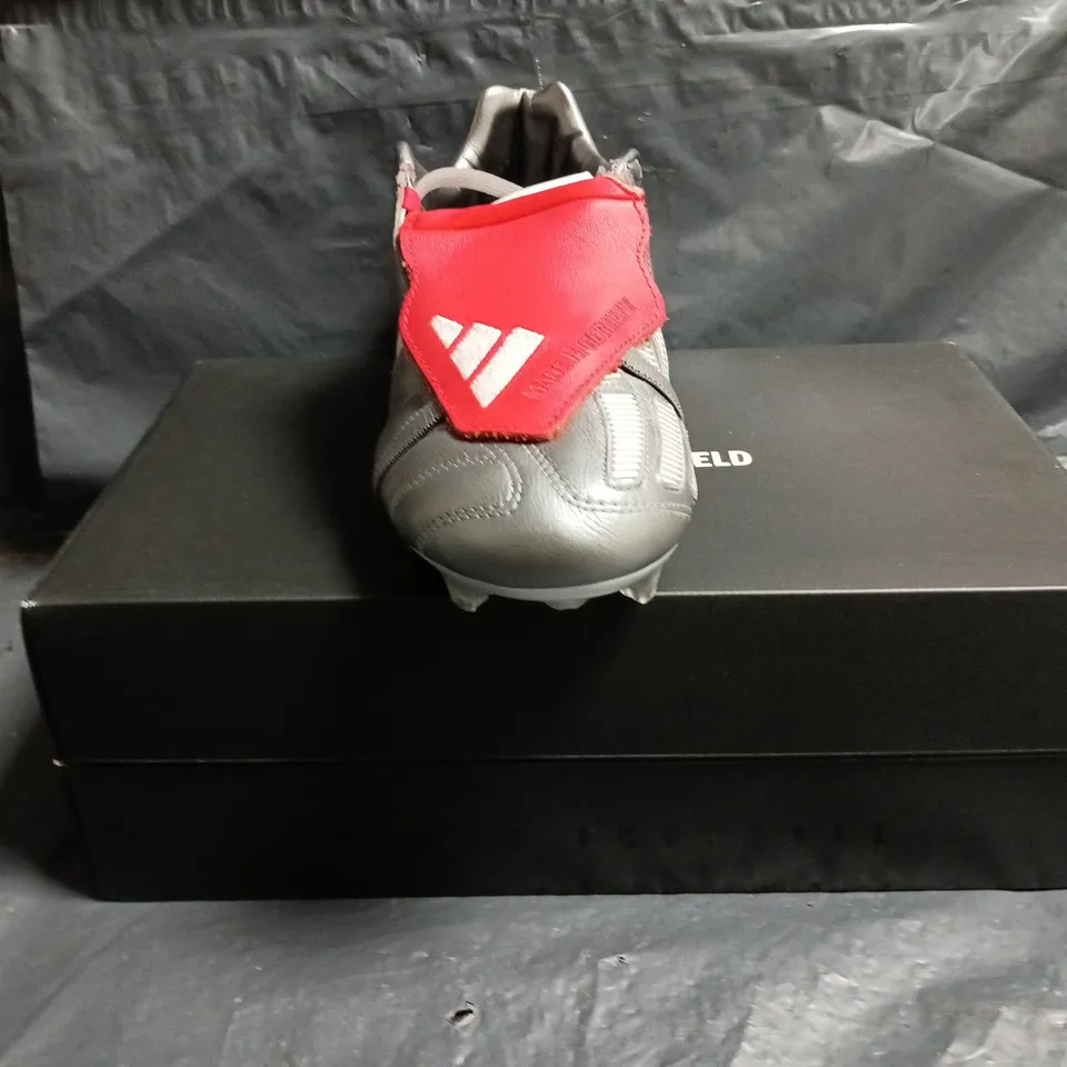BOXED PAIR OF ADIDAS PREDATOR MANIA FOOTBALL BOOTS IN GUNMETAL/RED SIZE UK 8