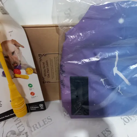 LOT OF ASSORTED ITEMS TO INCLUDE K9 INTERACTIVE DOG TOY - WATERPROOF BAG - PLANT LABELS