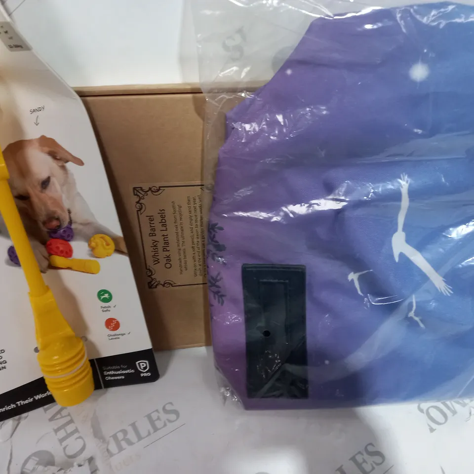 LOT OF ASSORTED ITEMS TO INCLUDE K9 INTERACTIVE DOG TOY - WATERPROOF BAG - PLANT LABELS 