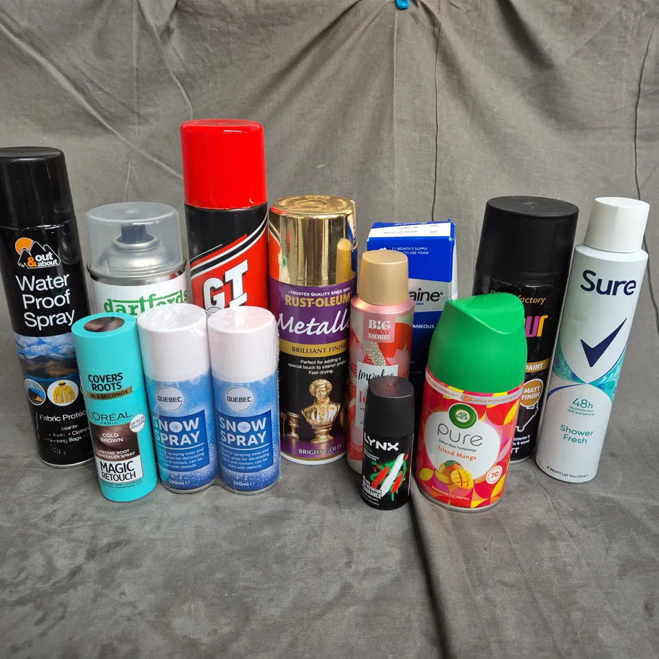 APPROXIMATELY 12 ASSORTED AEROSOLS TO INCLUDE - SURE ANTIPERSPIRANT - OUT & ABOUT WATERPROOF FABRIC PROTECTOR - RUST-OLEUM BRIGHT GOLD METALLIC SPRAY - ETC - COLLECTION ONLY