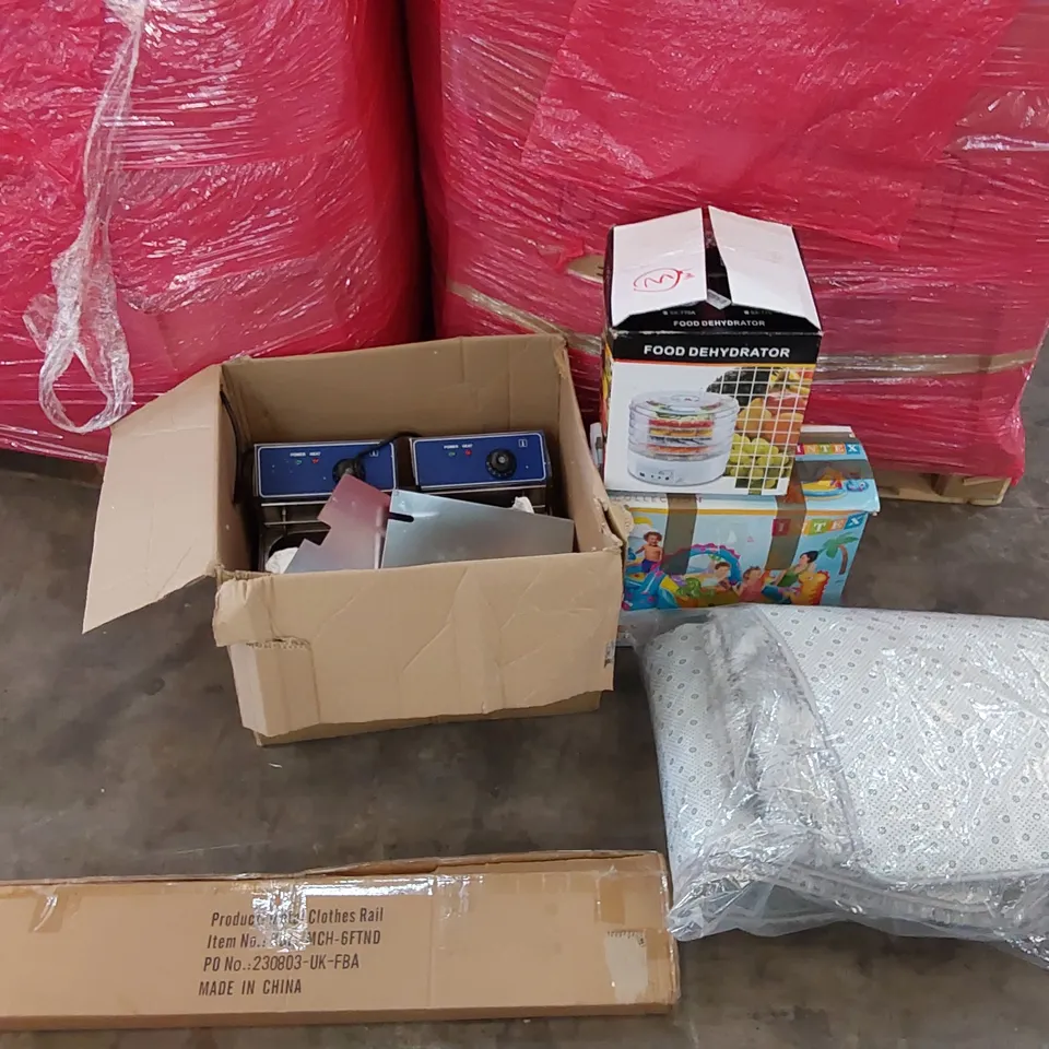 PALLET OF ASSORTED CONSUMER GOODS AND FURNITURE PRODUCTS TO INCLUDE; COMMERCIAL FRYER, FOOD DEHYDRATOR, CLOTHES RAIL, LARGE RUG, KID'S PLAY POOL ECT.