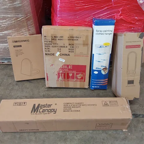 PALLET OF ASSORTED ITEMS INCLUDING: 6'6" X 6'6" COMPACT CANOPY, BLADELESS PURIFIER & HEATER FAN, HOLLYWOOD VANITY MIRROR, SPRAY PAINTING CLOTHES HANGER, TOILET SEAT