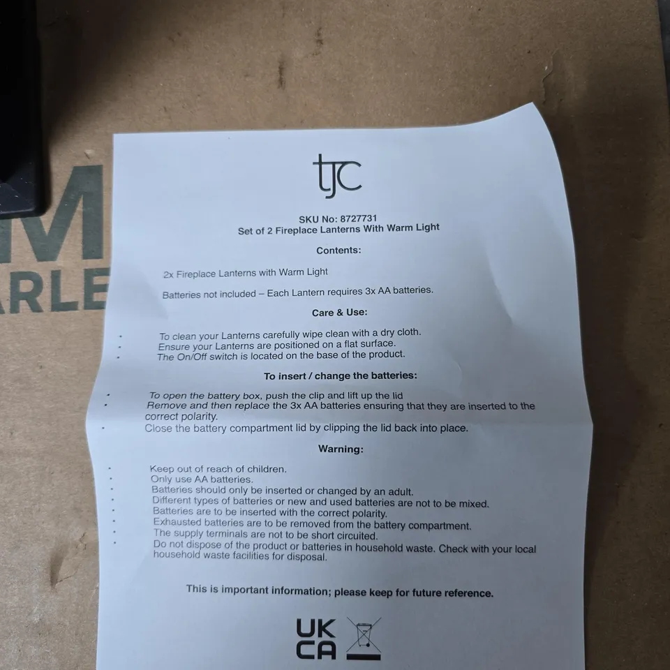 SET OF 2 BLACK SQUARE FIREPLACE LANTERNS WITH WARM LIGHT (BATTERY OPERATED)