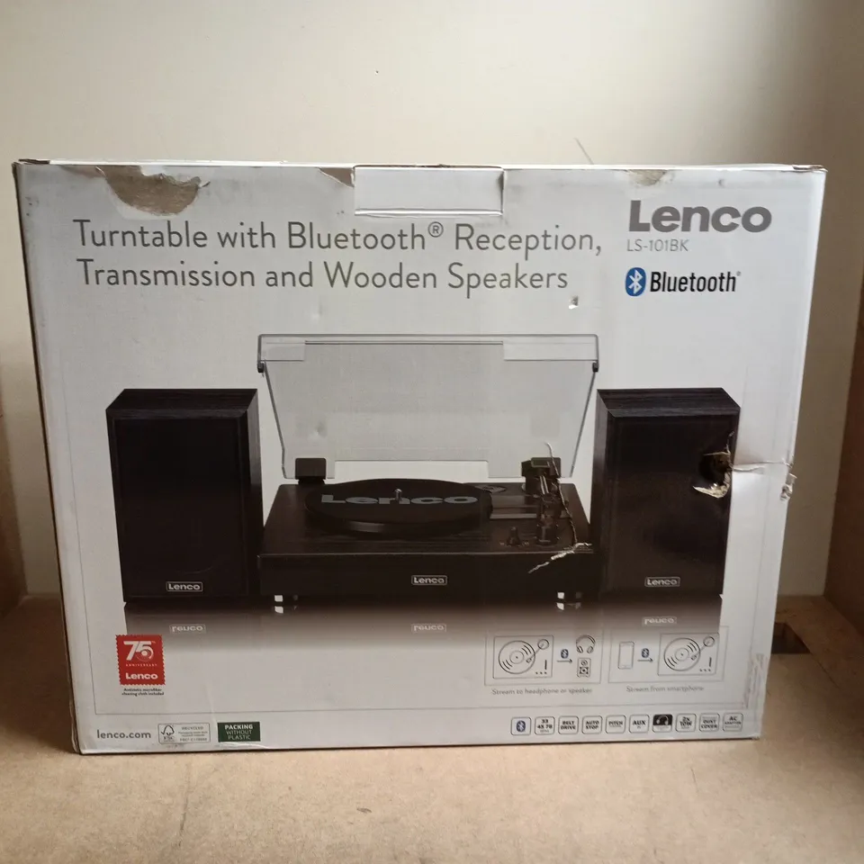LENCO LS-101BK TURNTABLE WITH BLUETOOTH – WOODEN SPEAKERS, BOXED