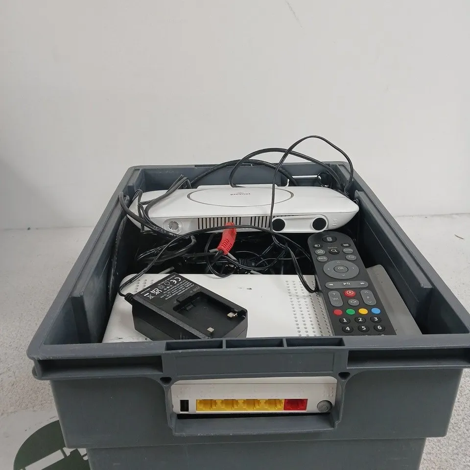 TOTE OF APPROXIMATELY 12 ASSORTED ITEMS TO INCLUDE PLUSNET ROUTER, SMART HUB, REMOTE CONTROL ETC