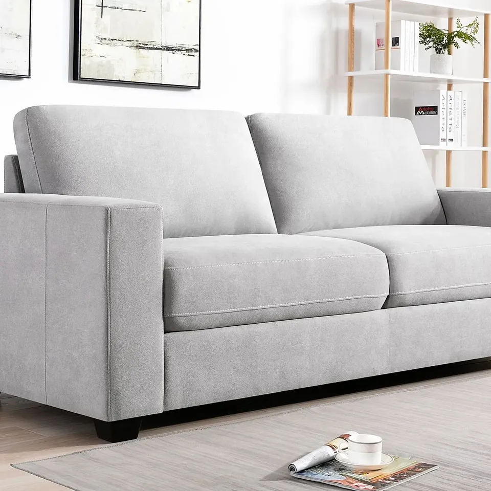 BOXED DESIGNER MISSION PLUSH GREY FABRIC THREE SEATER SOFA 