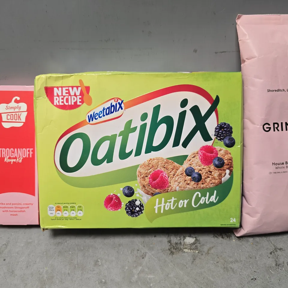 APPROXIMATELY 6 ASSORTED FOOD ITEMS TO INCLUDE - GRIND HOUSE BLEND,  WEETABIX OATIBIX , SIMPLY COOK STROGANOFF ETC