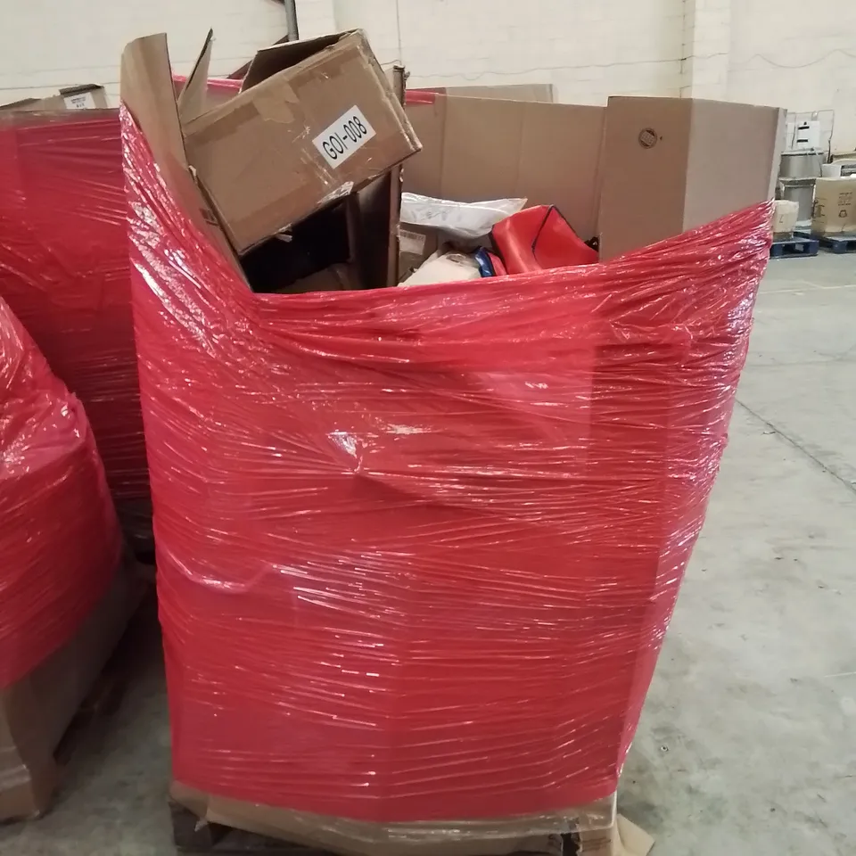 PALLET OF ASSORTED HOUSEHOLD GOODS AND PRODUCTS TO INCLUDE; CAMERA DANCE MAT, TV WALL BRACKET, PLAYPEN, BOXED FURNITURE ETC 
