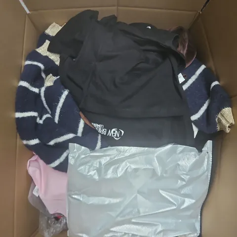 LARGE BOX OF APPROXIMATELY 25 ASSORTED CLOTHING ITEMS IN VARIOUS COLOURS, STYLES AND SIZES - COLLECTION ONLY