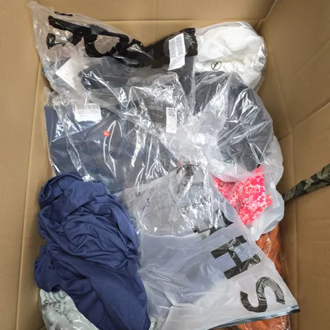 LARGE BOX OF APPROXIMATELY 20 ASSORTED CLOTHING ITEMS IN VARIOUS SIZES, STYLES AND COLOUR
