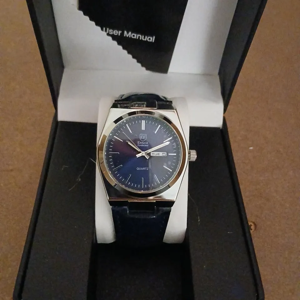 ERNEST FERDINAND QUARTZ WRISTWATCH – BLUE DIAL, BOXED WITH MANUAL