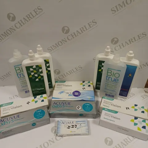 BOX OF APPROXIMATELY 30 ASSORTED HEALTH & EYECARE PRODUCTS TO INCLUDE CONTACT LENSES & CONTACT SOLUTION