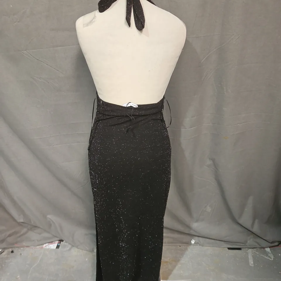 BERSHKA BLACK GLITTER HALTER-NECK MAXI DRESS – SIZE S