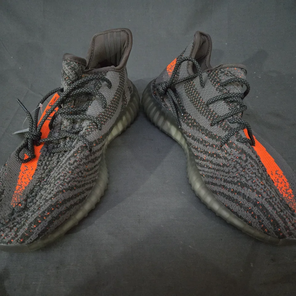 PAIR OF ADIDAS YEEZY SHOES IN GREY/ORANGE UK SIZE 10.5