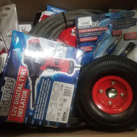 BOX CONTAINING ASSORTED PRODUCTS INCLUDING 12V DIGITAL TYRE INFLATOR, 3 PIECE AIR BLOW GUN KIT, 12V MINI AIR COMPRESSOR & COMBINATION SAFTEY GOOGLES AND HALF MASKS