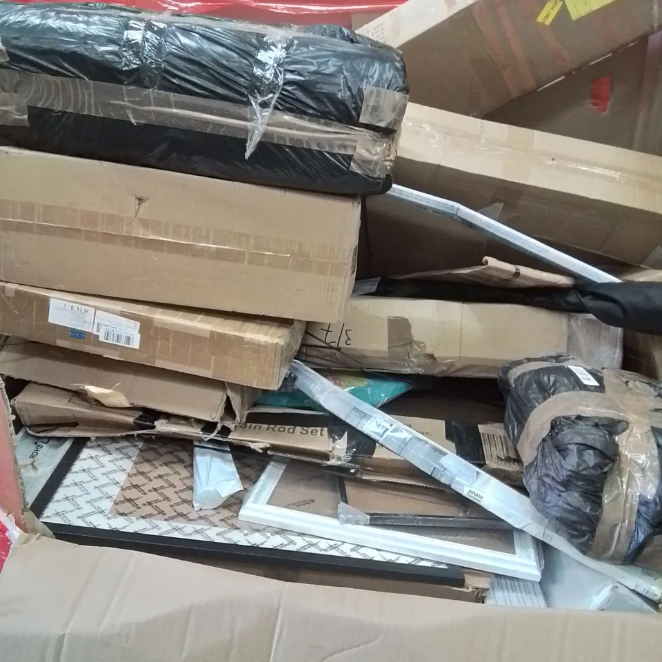 PALLET OF ASSORTED HOUSEHOLD GOODS AND PRODUCTS TO INCLUDE; KICK SCOOTER, SKATES, PICTURE FRAMES, BOXED FURNITURE ETC