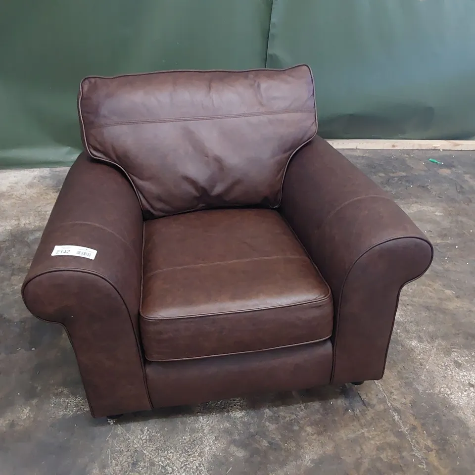 QUALITY BRITISH DESIGNER LOUNGE Co. SCROLL ARM EASY CHAIR DISTRESSED BROWN LEATHER 