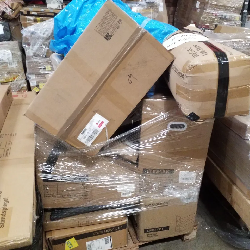 PALLET CONTAINING ASSORTED PRODUCTS INCLUDING SHOE RACK, CONSOLE TABLE & TRASH CAN