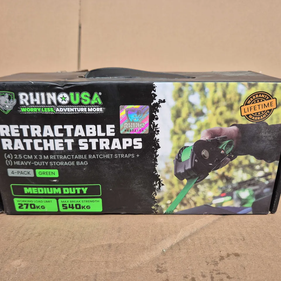 RHINO USA RETRACTABLE RATCHET STRAPS – 4-PACK, MEDIUM DUTY, GREEN (2.5 CM X 3 M)