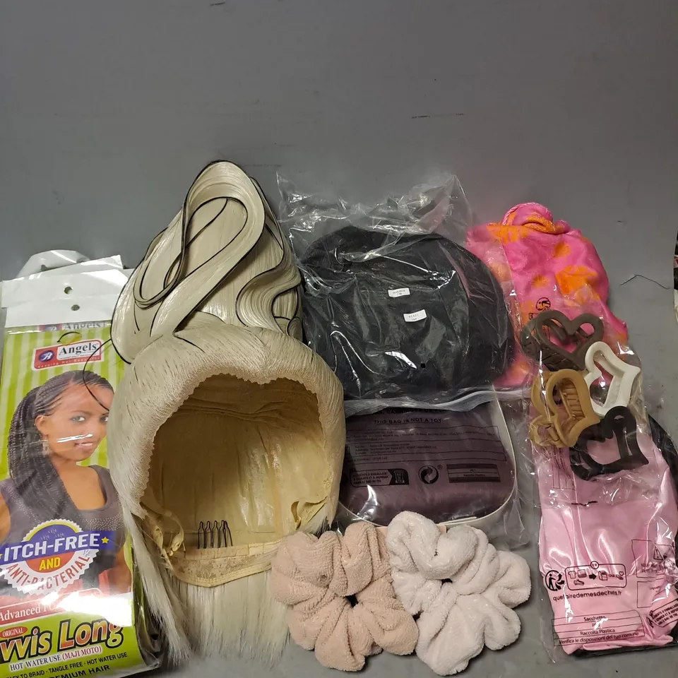 BOX OF APPROXIMATELY 20 ASSORTED COSMETIC ITEMS TO INCLUDE - WIGS - HAIR EXTENSIONS - HAIR ACCESSORIES - ETC