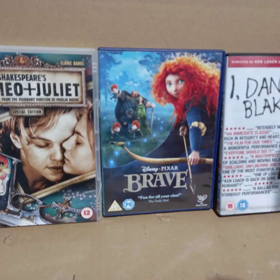 BOX OF APPROXIMATELY 20 ASSORTED DVDS TO INCLUDE ROMEO & JULIET, DISNEY'S BRAVE, I DANIEL BLAKE, ETC