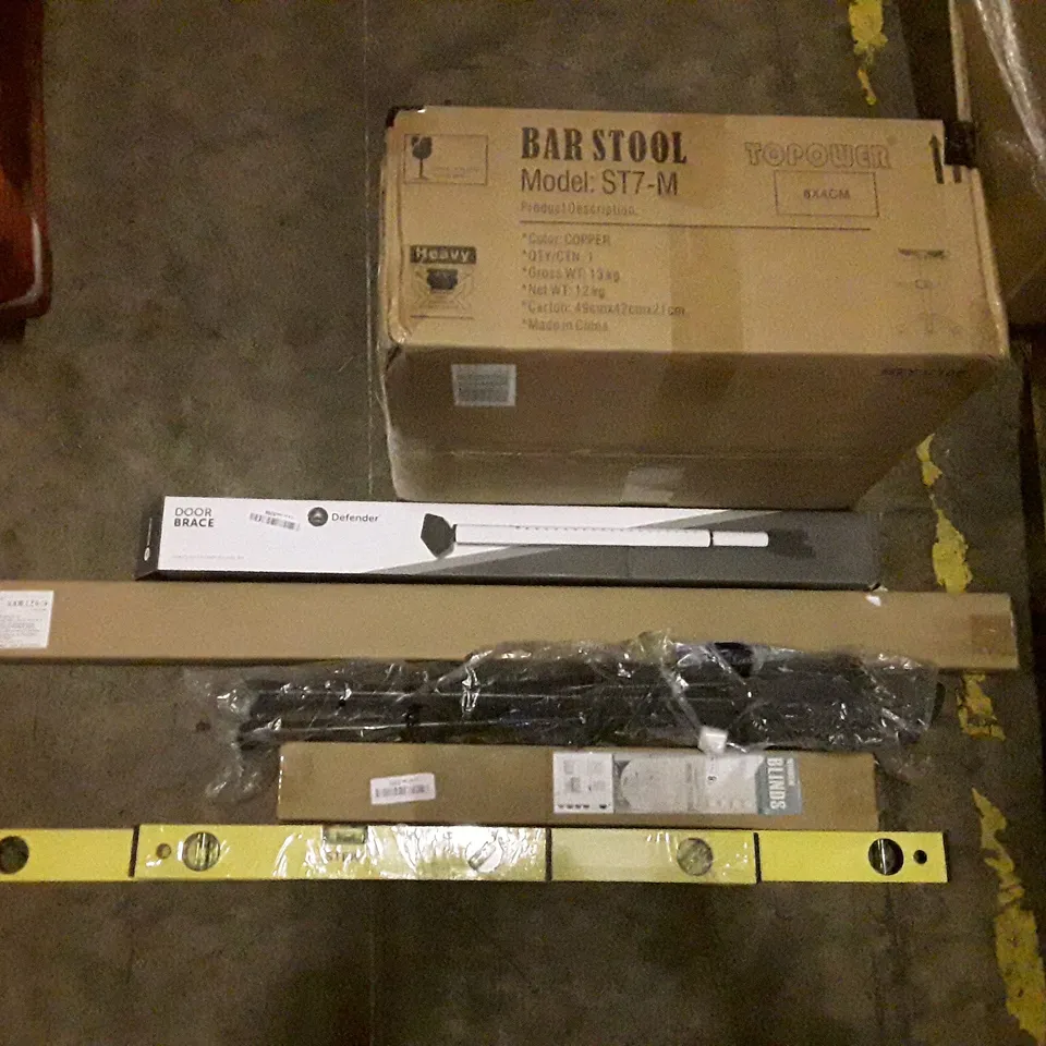 PALLET OF ASSORTED PRODUCTS INCLUDING DOOR BRACE, LED FLUORESCENT LIGHT, FOLDING CAMPING STOOL, WINDOW BLINDS, SPIRIT LEVELS, OFFICE STOOL