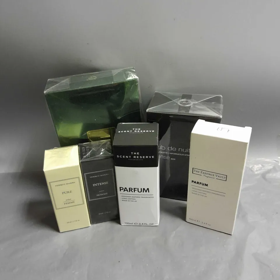 BOX OF APPROXIMATELY 6 ASSORTED BOXED FRAGRANCES TO INCLUDE - CLUB DE NUIT INTENSE MAN - LATTAFA EJAAZI - FEDERICO MAHORA INTENSE - ETC