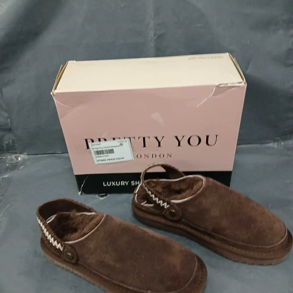 BOXED PAIR OF PRETTY YOU LUXURY SHEEPSKIN SLIPPERS CHOCOLATE SIZE 5-6