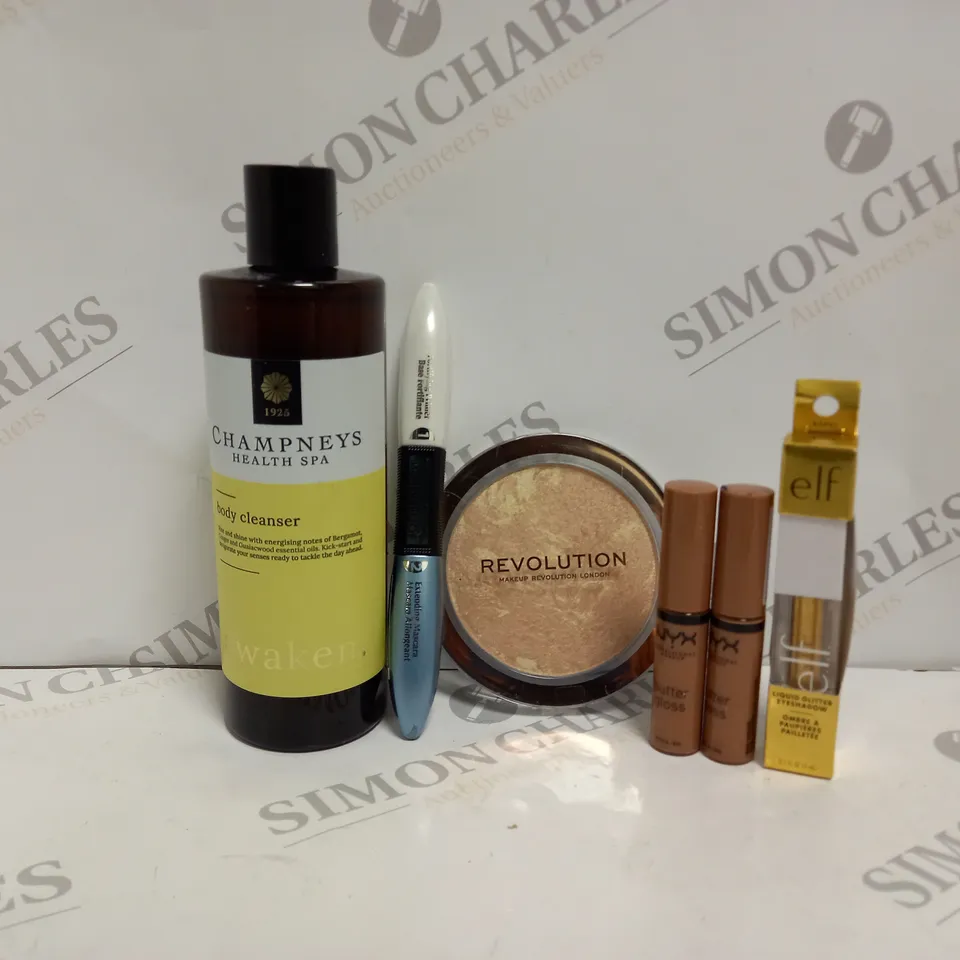 APPROXIMATELY 20 ASSORTED HEALTH AND BEAUTY PRODUCTS TO INCLUDE CHAMPNEYS BODY CLEANSER, NYX BUTTER GLOSS, E.L.F. LIQUID GLITTER EYESHADOW, LOREAL MASCARA